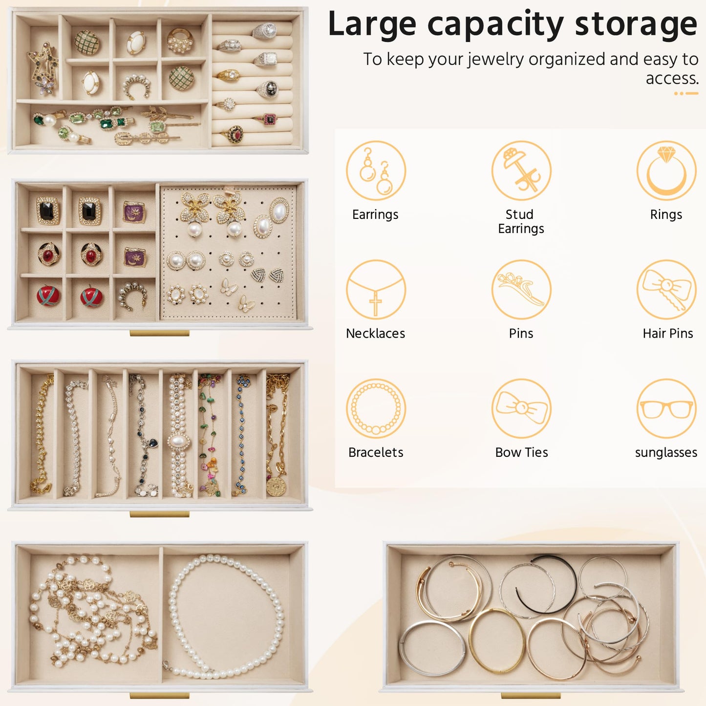 AKOZLIN 5-Tier Jewelry Box with Clear Glass Lid Functional Leather Jewelry Storage Organizer Case 4 Drawers for Women Girls Necklace Ring Bracelet Earring