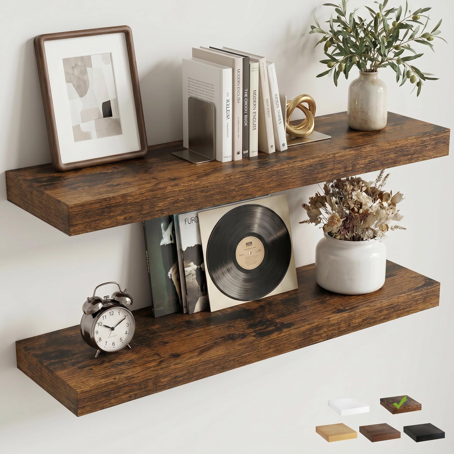 FLYJOE Floating Shelves for Wall, 30 Inch Floating Shelves Set of 2, 8" D Wooden Wall Mounted Display Shelves with Invisible Brackets for Living Room, Bedroom, Bathroom, Kitchen Decor, Brown