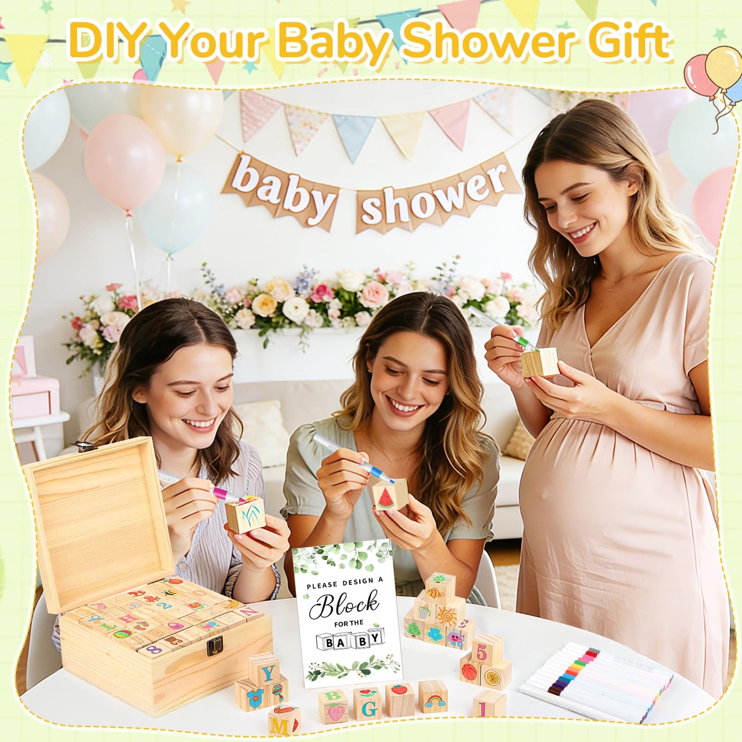 Nyxuso Baby Shower Games Blocks Set, 134 Pcs Wooden Blocks Kit for Baby Shower Party Gender Reveal Party Decorations(Green)