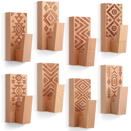 Amyhill 8 Pack Boho Wall Hooks, Wooden Decorative Hooks for Hats and Towels, Adhesive or Screw Mount Key Holders for Entryway, Bathroom, Bedroom, Kitchen, Natural Geometric Wall Decor(Classic Color)
