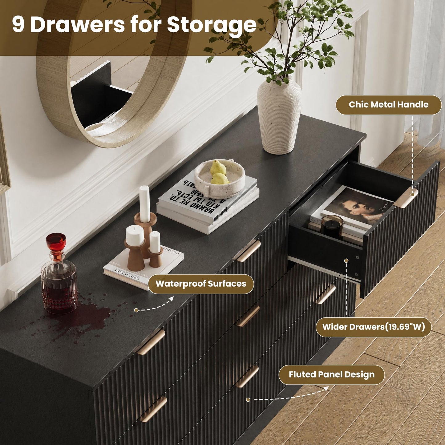 MALOL Fluted 9 Drawer Dresser for Bedroom, 59" Wide Wood Chest of Drawers with Metal Handle, Long Dresser Storage Organizer TV Stand for Closet, Living Room, Hallway, Black