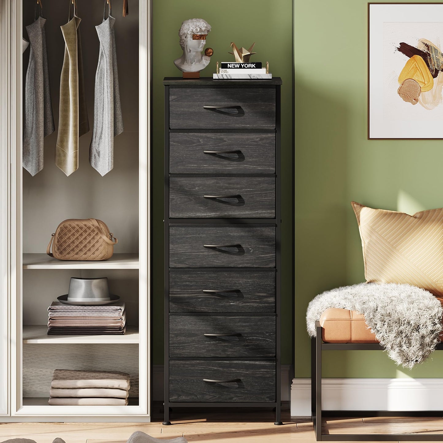 WLIVE Tall Dresser for Bedroom, 7 Drawer Dressers & Chests of Drawers, Fabric Dresser for Closet, Night Stand with Metal Frame, Storage Tower with Fabric Bins, Woodtop, Charcoal Black Wood Grain Print