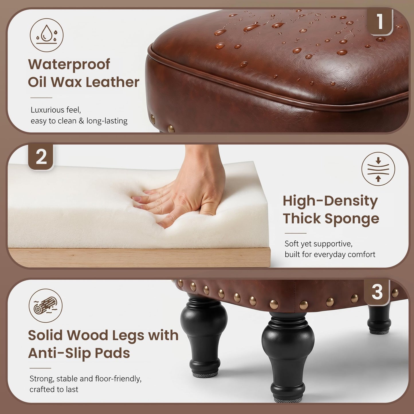Cmishe Ottoman Leather Footrest,Vintage Footstool,Thickened Foam Upholstered Seat,Wooden Leg Foot Rest,Under Desk Shoe Bench Small Bench for Living Room Dining Room(Bronw)