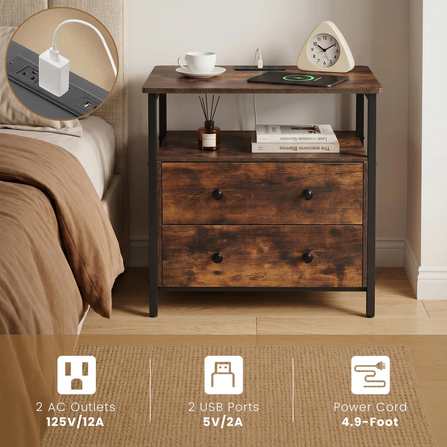 Edbuosy 27 inch Wide Night Stand with Charging Station, Bedside Table with Open Shelf, 2 Drawers Small Wood Dresser, Modern Wood Nightstand for Bedroom/Living Room, Retro Brown