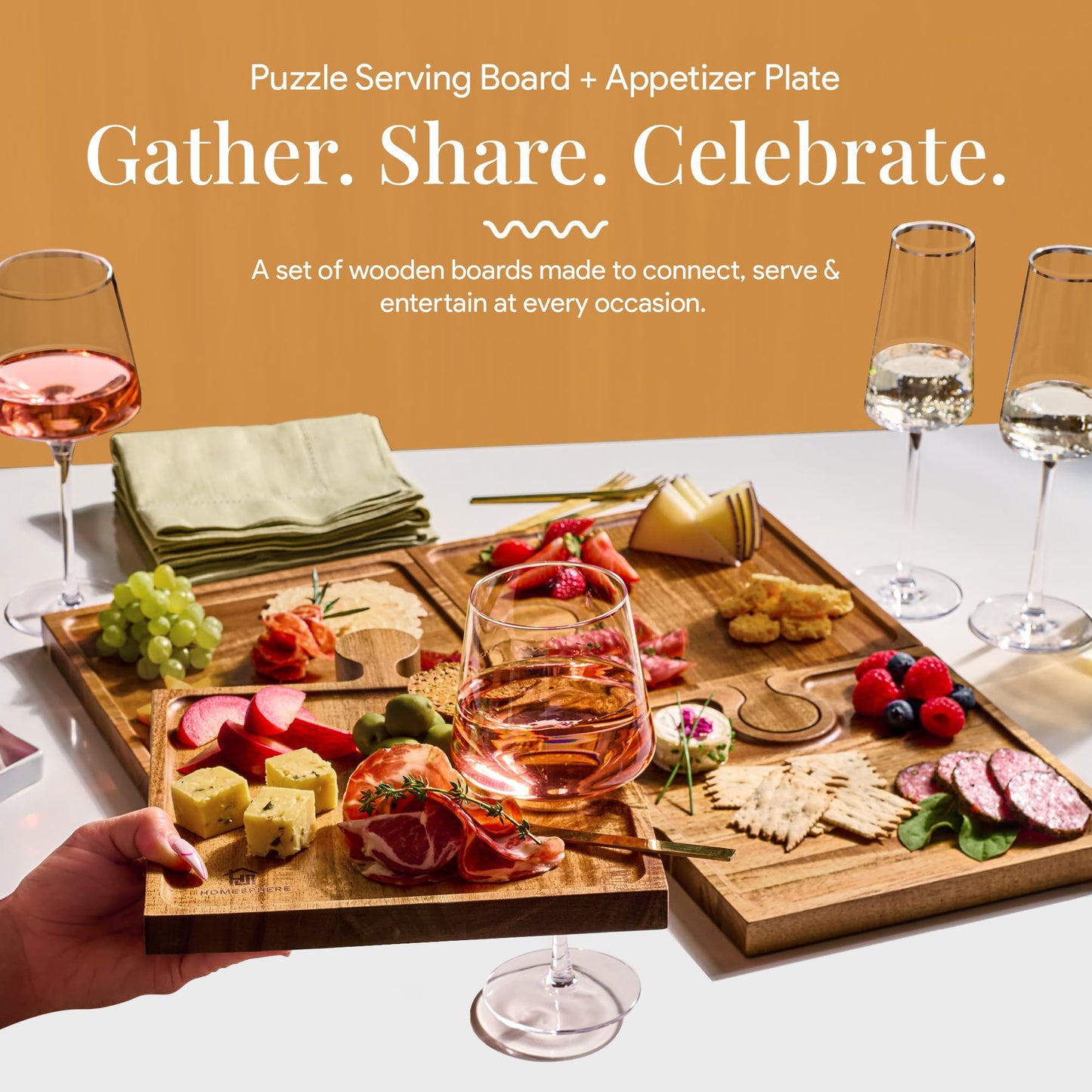 Homesphere Wooden Charcuterie Boards, Appetizer Tray for Parties & Cutting Board with Handle, Set of 4, Acacia Wood Board, Wine Gifts, Wine Accessories, Interlocking Puzzle Serving Tray w/Storage Box