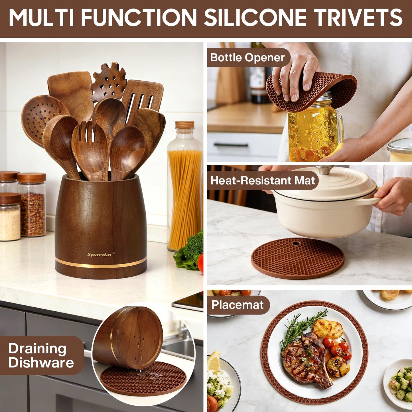 Spardar Wooden Spoons for Cooking, 12 Pcs Teak Wooden Utensil Set with 9 Pcs Spoons, Spoon Rest, 4.2" Utensil Holder, and Potholder for Kitchen Decor & Housewarming Gift