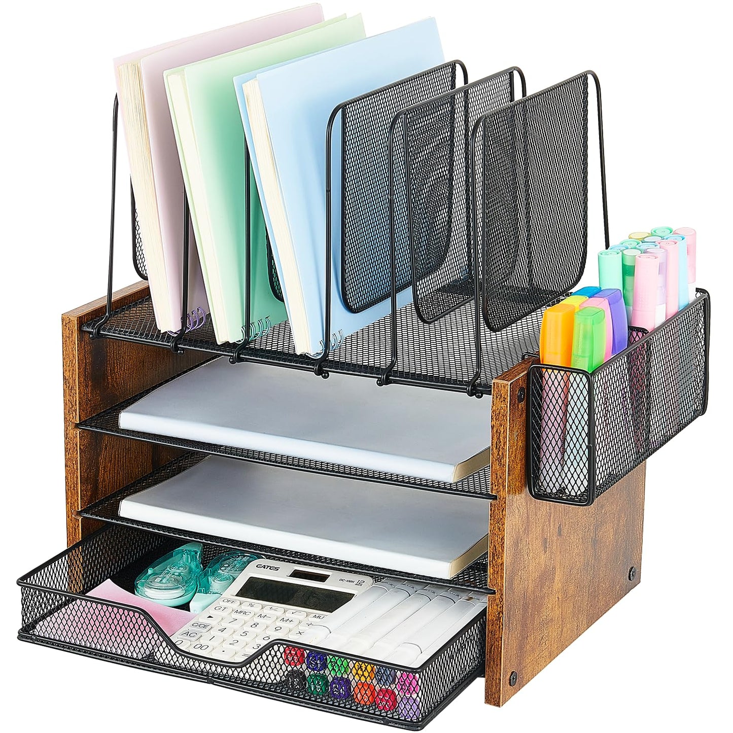 OPNICE Desk Organizer, 4-Tier Desktop File Organizer with Drawer and 2 Pen Holders, Office Desk Accessories, Workspace Organizers for Office Supplies(Brown Wood)