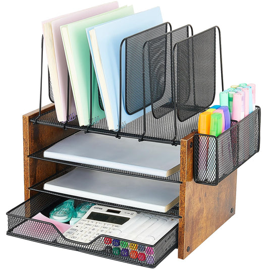 OPNICE Desk Organizer, 4-Tier Desktop File Organizer with Drawer and 2 Pen Holders, Office Desk Accessories, Workspace Organizers for Office Supplies(Brown Wood)