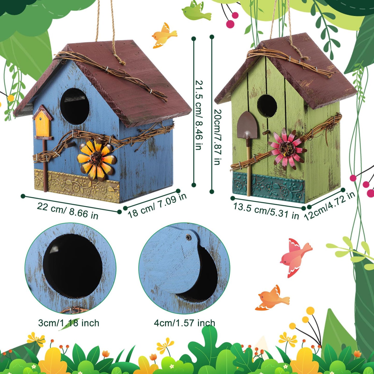 DoubleFill 2 Pcs Birdhouses for Outdoor Hanging Yard Outside Wooden Birdhouse Hand Painted Bird Box for Bird Lovers Bluebird Tree Garden Decor Decorative Birdhouse(Red,Blue,Wooden Roof)