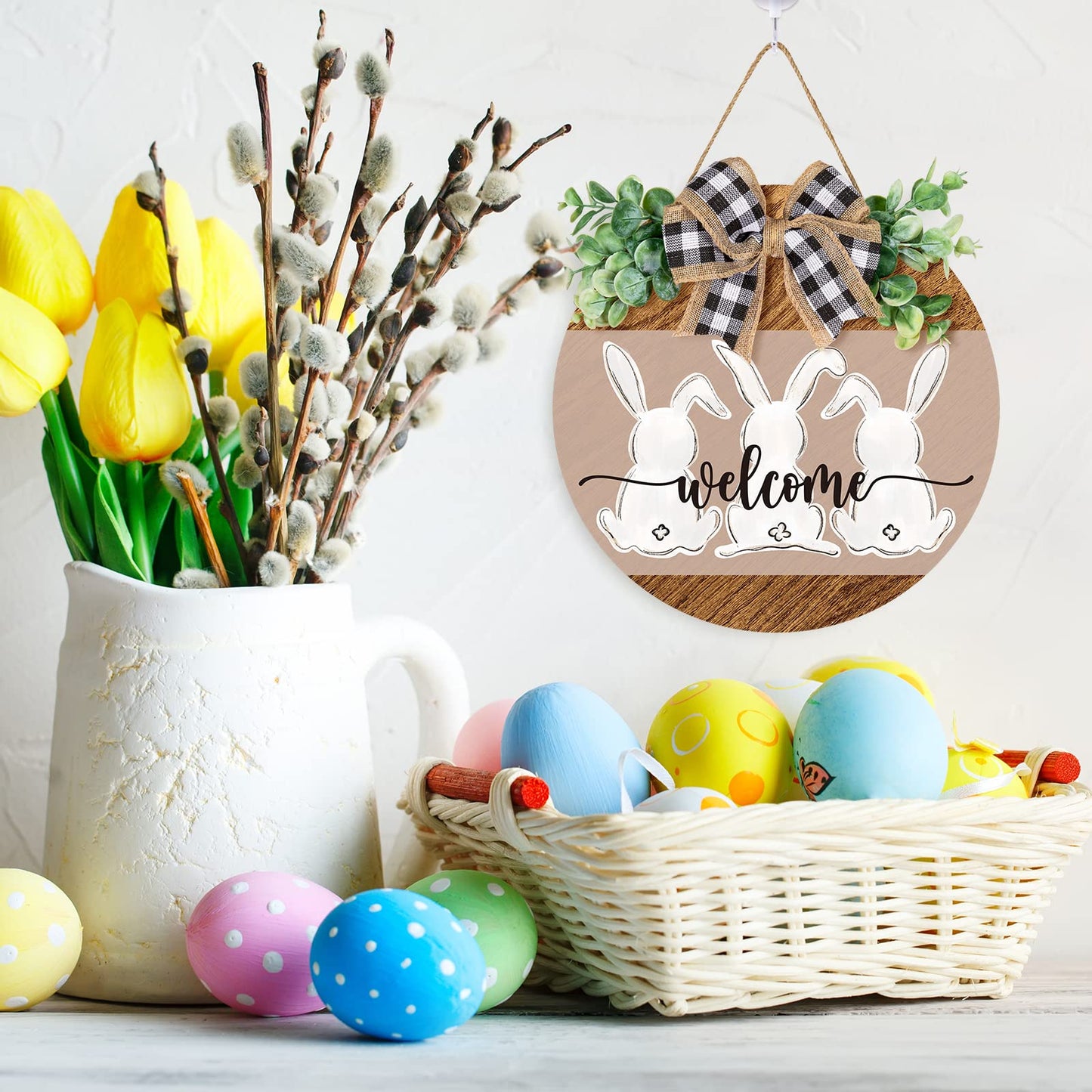 Whaline Easter Wooden Hanging Sign Bunny Rabbit Welcome Sign Door Decoration with Bow Rustic Easter Wood Wreath Sign for Spring Holiday Home Coffee Shop Bakery Farmhouse Window