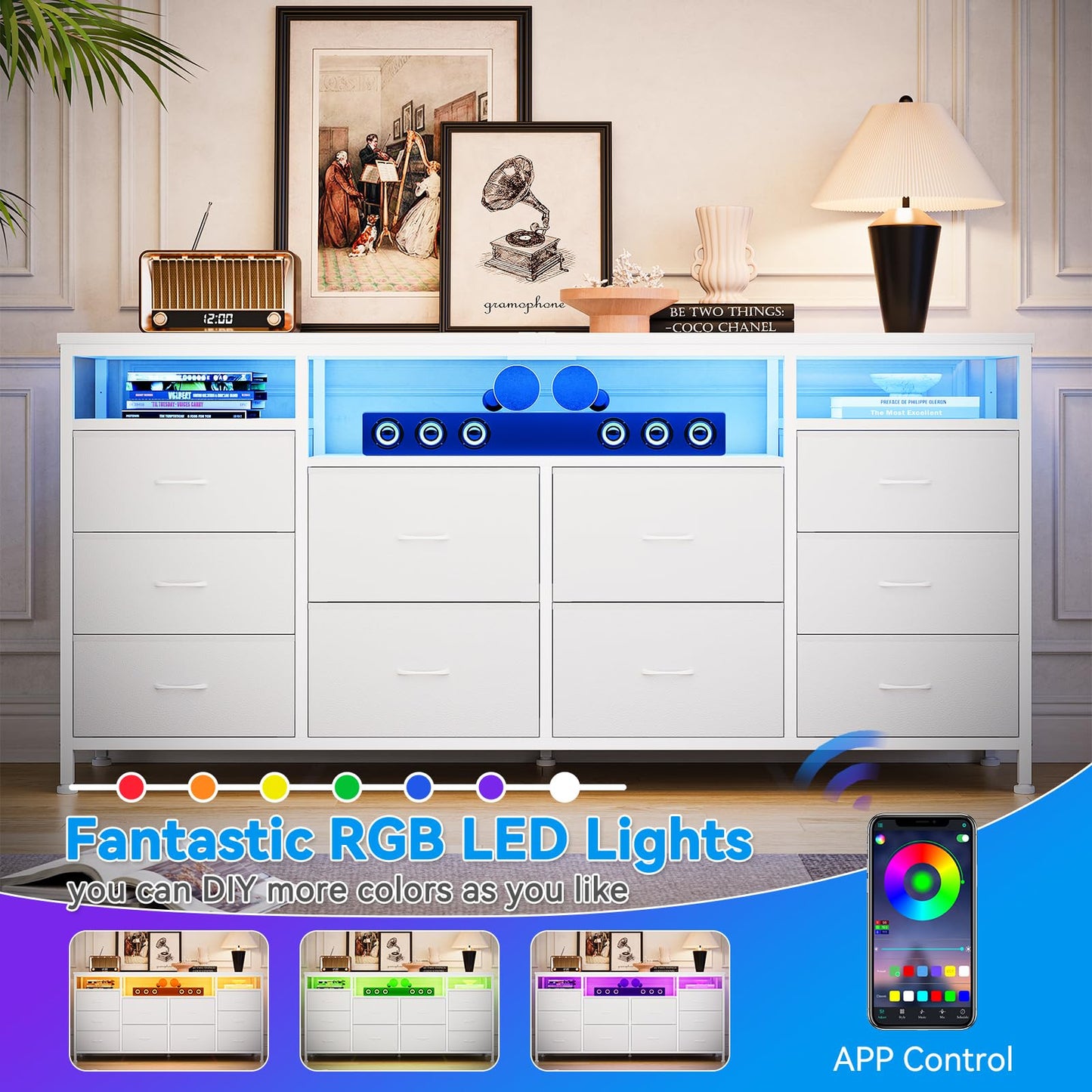 Garvee Dresser for Bedroom with LED Lights & Power Outlets, 63 Inch TV Stand Dressers for Bedroom with 10 Fabric Drawers, Entertainment Center with Open Storage Shelves for Entryway, White