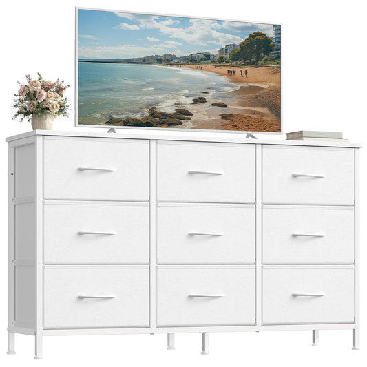 SONGMICS BELLAH Collection - Dresser for Bedroom, TV Stand for TVs Up to 55 Inches, Chest of Drawers for Living Room, Closet, Steel, 9 Drawers, Modern, Cloud White ULGS033WH02S