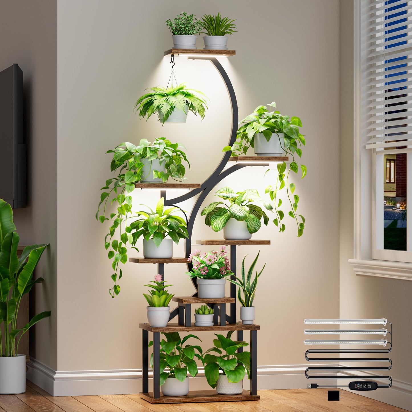 Plant Stand with Grow Lights for Indoor Plants, 8-Tiered Tall Corner Plant Shelf with Full Spectrum Light, S-Shaped Space-Saving Narrow Flower Holder, Anti-Tip for Living Room Bedroom Office, Brown