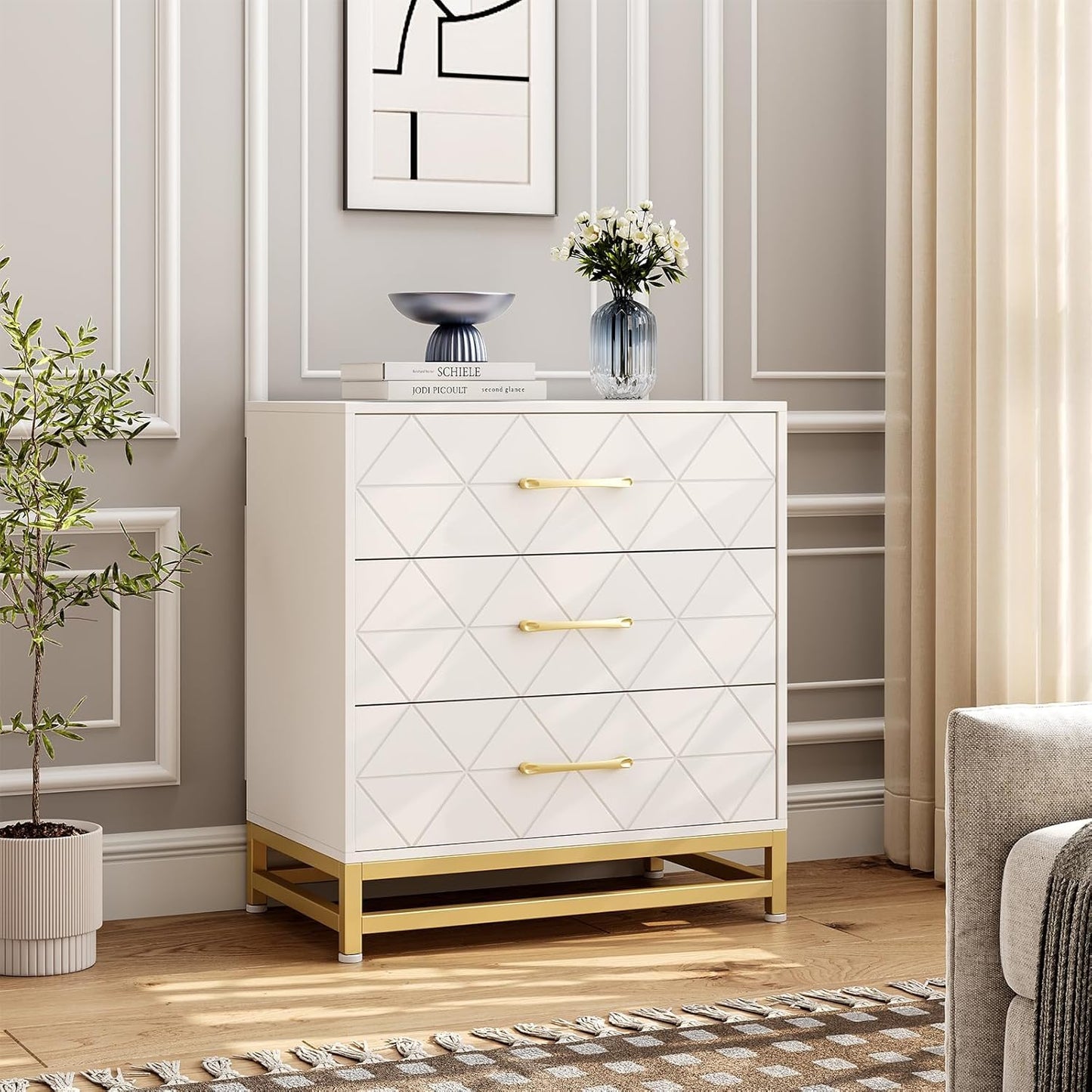 GarveeHome Wooden Dresser for Bedroom, Dressers & Chest of Drawers with 3 Drawer, Wood nightstand for Storage and Organization (White)