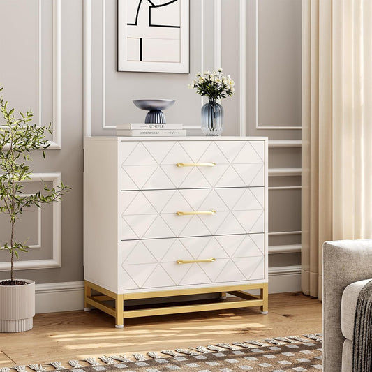 GarveeHome Wooden Dresser for Bedroom, Dressers & Chest of Drawers with 3 Drawer, Wood nightstand for Storage and Organization (White)