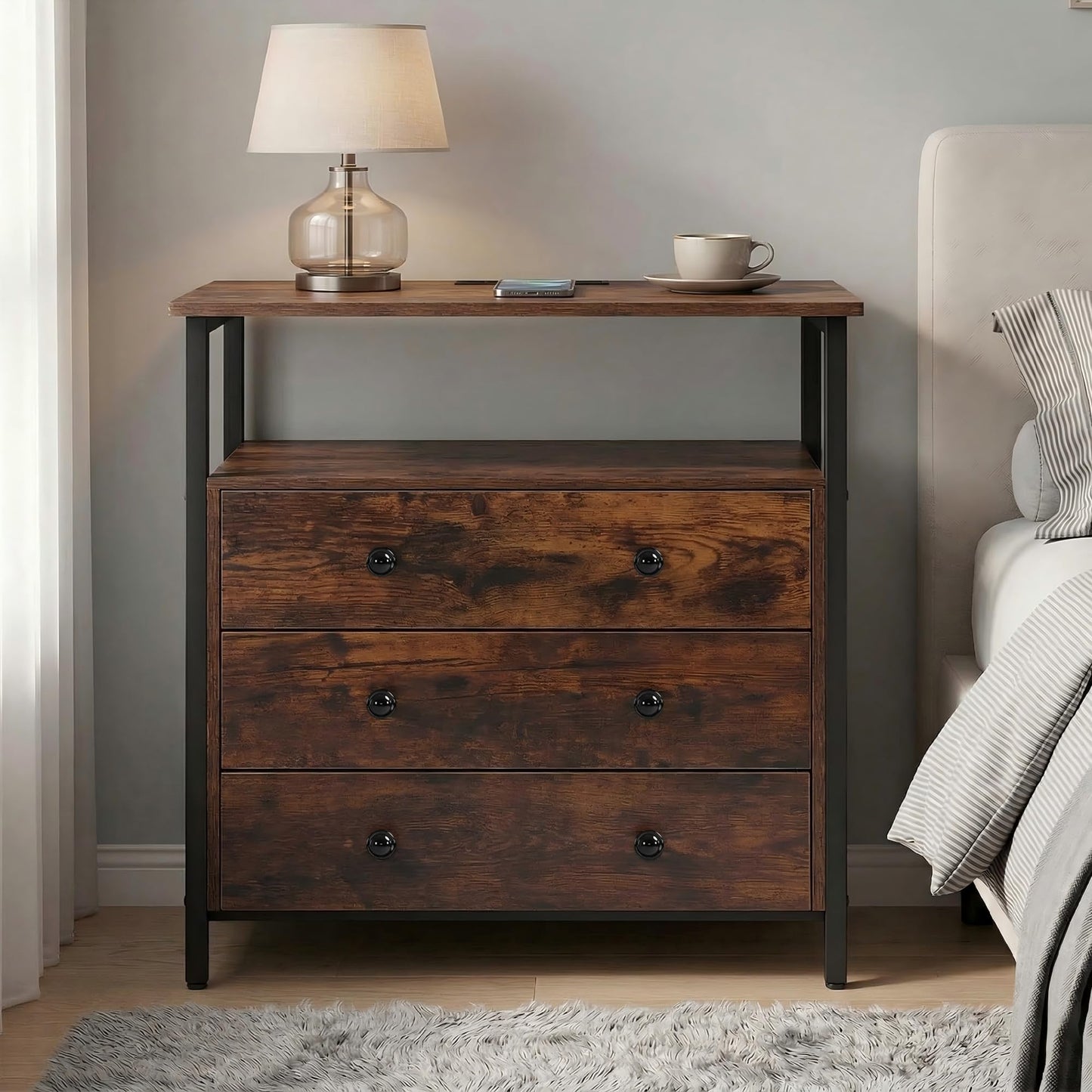 Edbuosy 3 Wooden Drawers Night Stand, 27 Inch Wide Nightstand with Charging Station and Adjustable Drawers, Small Dresser for Closet, Bedside Table for Living Room/Bedroom/Office, Retro Brown