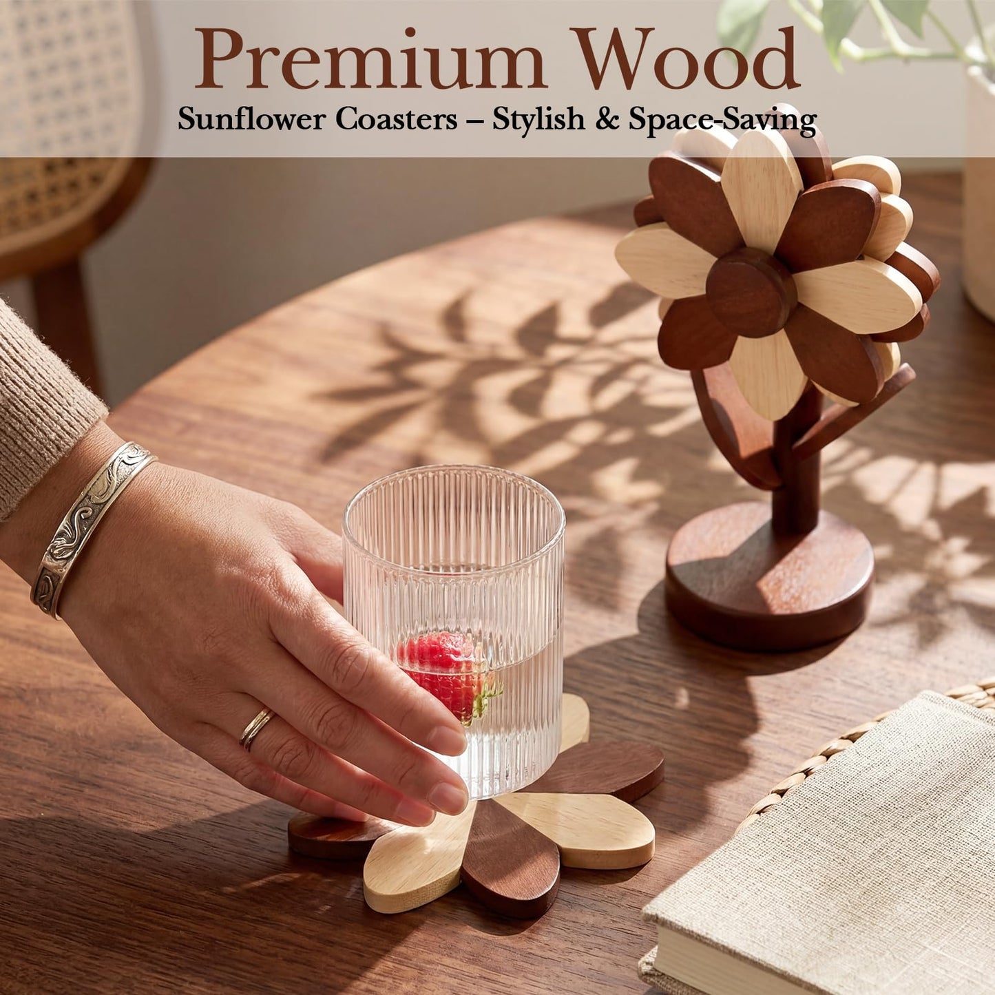 Threehoney Wooden Flower Coaster Set Wooden Trivets for Hot Dishes Tree Shape Trivet Set 4 Wood and 1 Stand Stored Beech Color Blocked Design(Walnut Wood Color)