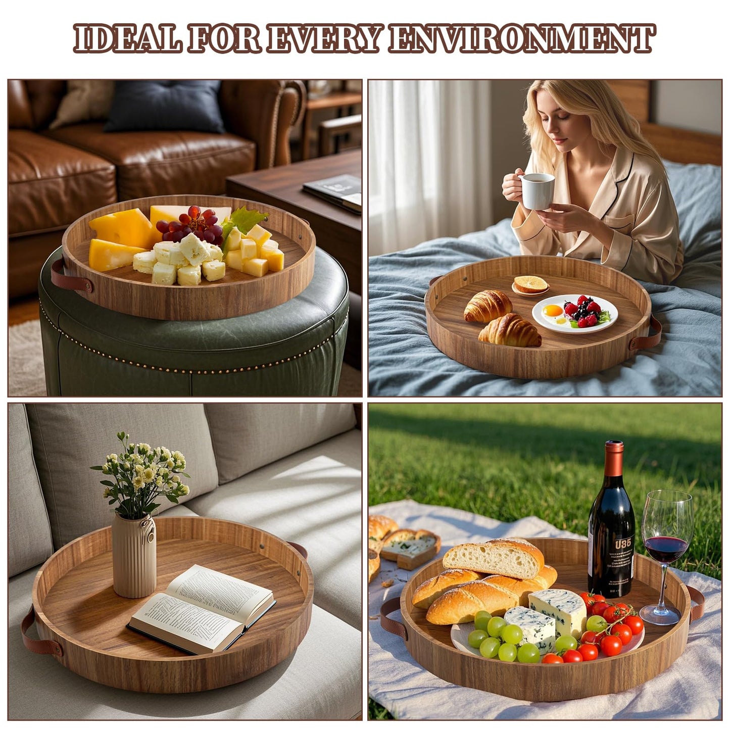 Ottoman Tray with Handles, 20 Inches Round Large Tray for Ottoman Wooden Serving Tray Decorative Trays for Living Room Wooden Trays for Party, Dinner, Breakfast, Appetizers, Entertaining Guests