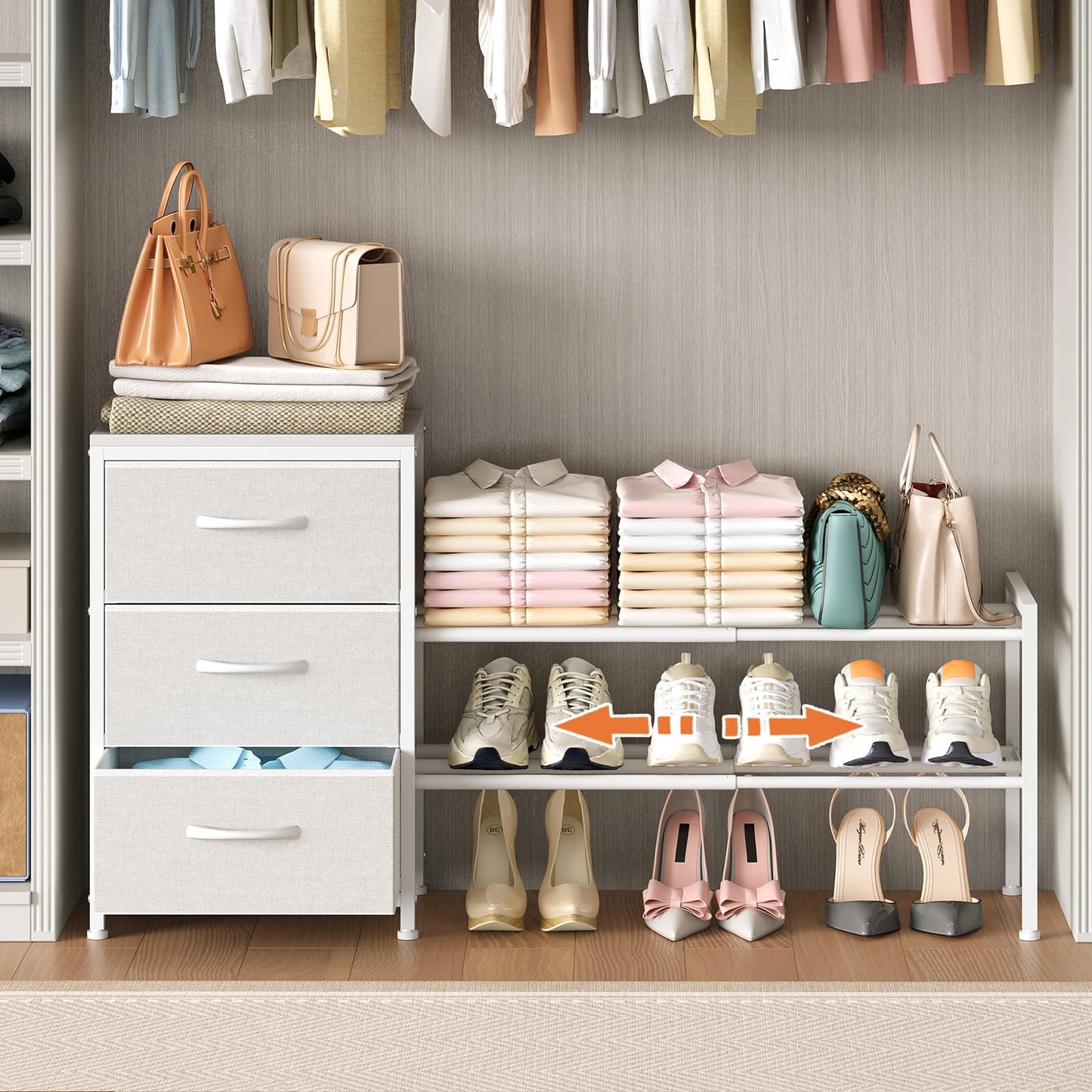 Cidaziya Expandable Closet Organizers and Storage, White Fabric Storage Dresser, 3 Drawer Dresser, Clothes Shelves for Kids, Purse Organizer Small Shoe Rack for Closet Bedroom(31.29~43.42 in)