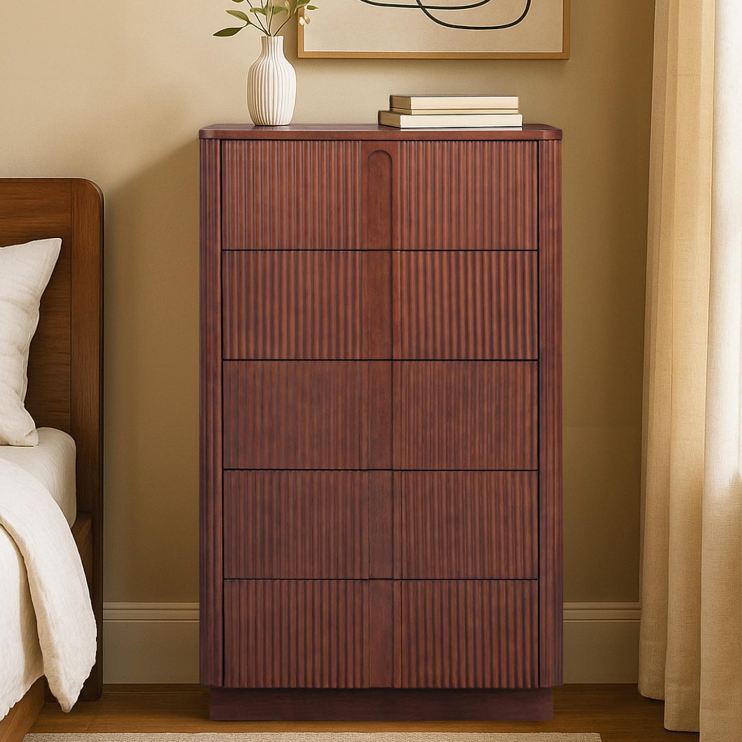 Teamson Home 30'' W Large Storage 5-Drawer Dresser Push to Open Modern Scandinavian with Rounded Edges and Reeding Pattern Bedroom Furniture Clothing Chest in Warm Walnut Finish
