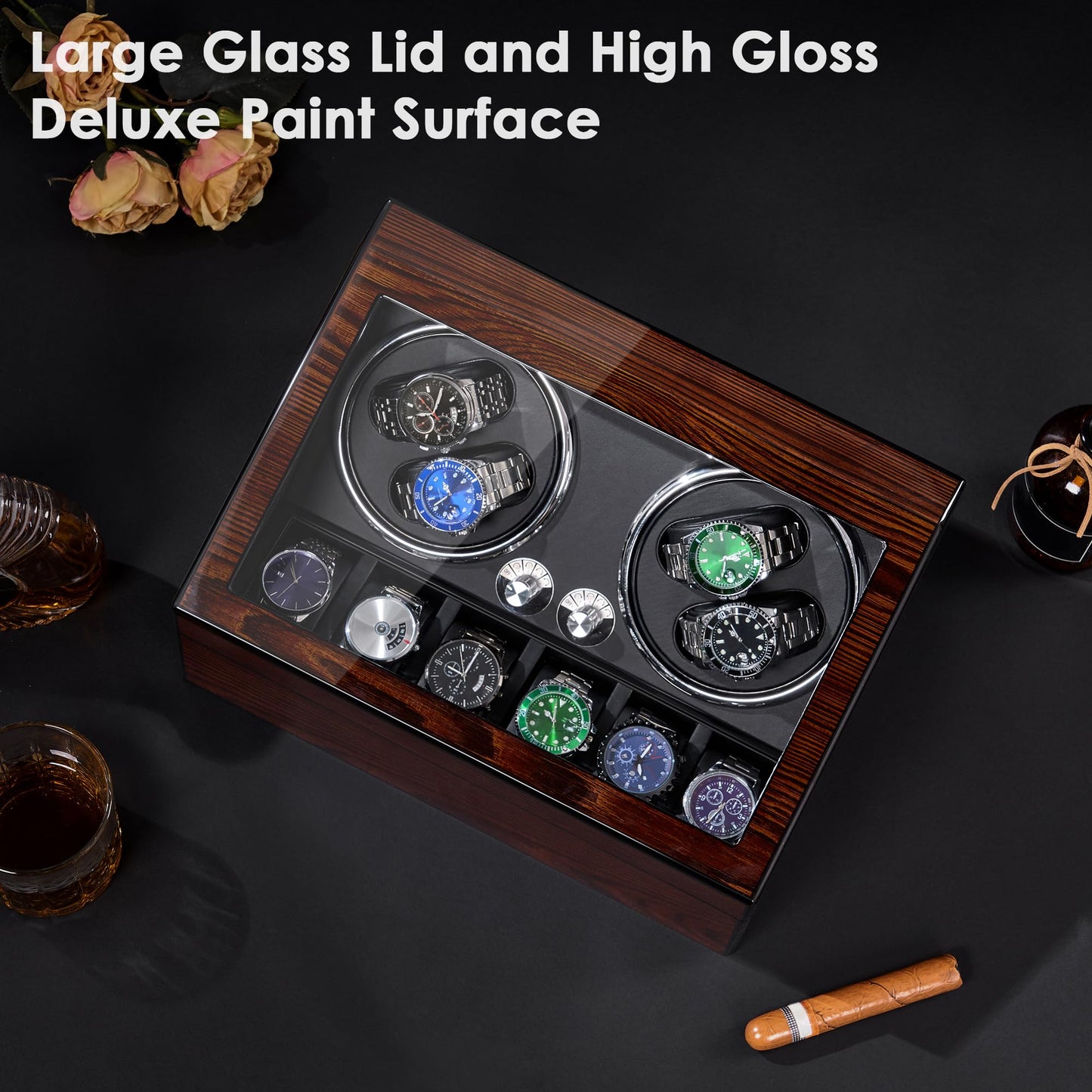 BEWISHOME Watch Winders for Automatic Watches, Automatic Watch Winder Box Watch Spinner with LED Light, 4 Watch Winder with Quiet Running Motor and 6 Storage Case for Man/Woman's Watches, Brown SYQ01Y