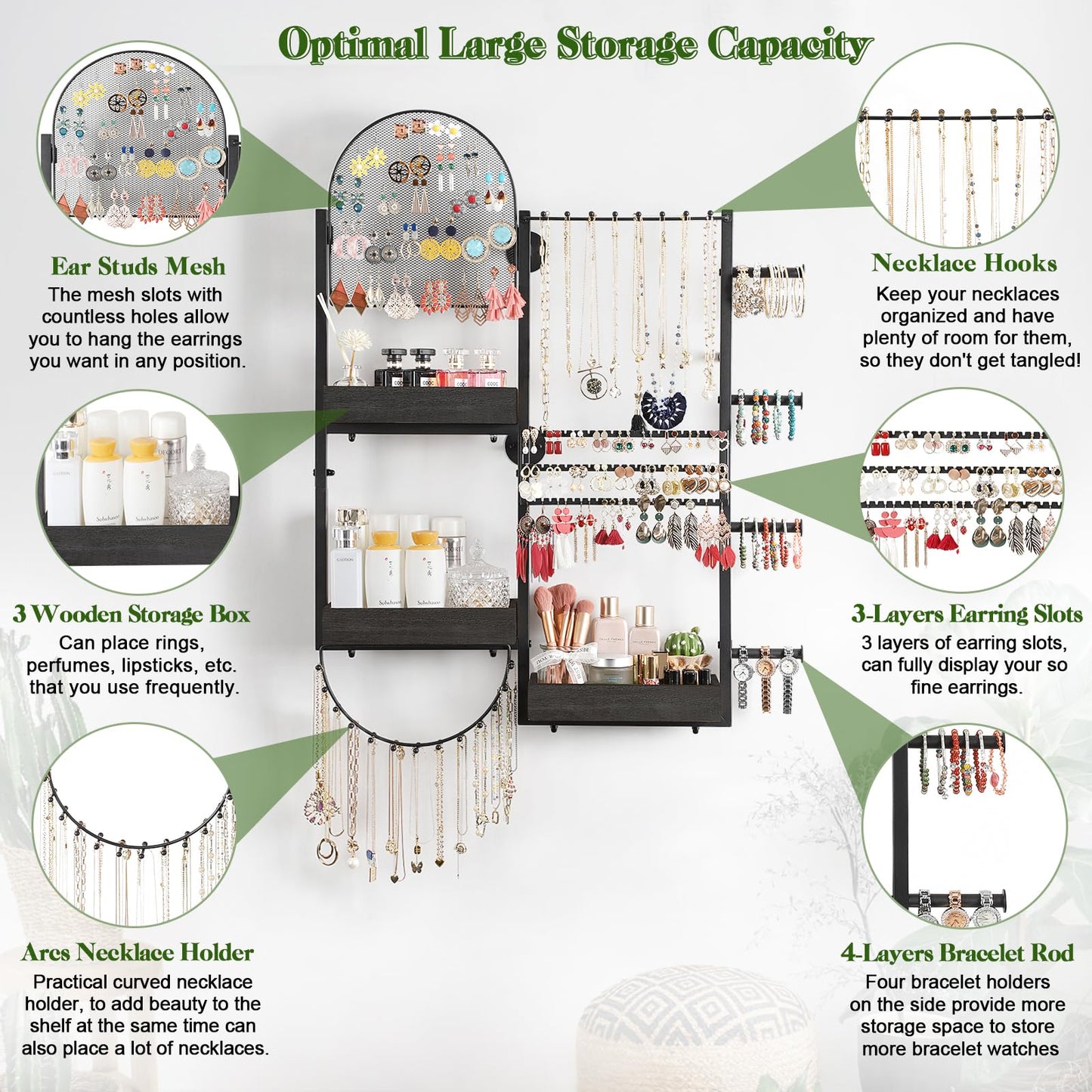 Keebofly Wall Mount Hanging Jewelry Organizer - Large Display Holder for Earrings, Rings, Necklaces, Bracelets, Watches and Perfume - Black