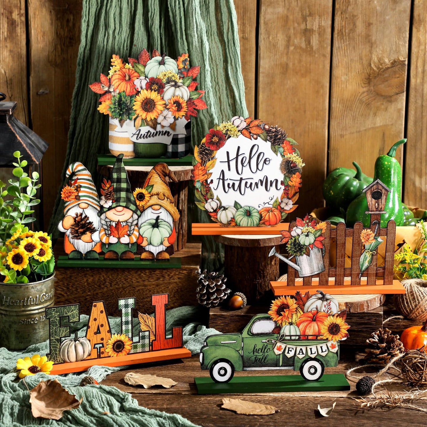 Wenqik 6 Pcs Fall Wooden Table Decorations, Hello Autumn Pumpkin Gnome Sunflower Maple Leaf Signs, Sage Green Thanksgiving Tiered Tray Decor Rustic Farmhouse Centerpiece for Home Kitchen Shelf Desk