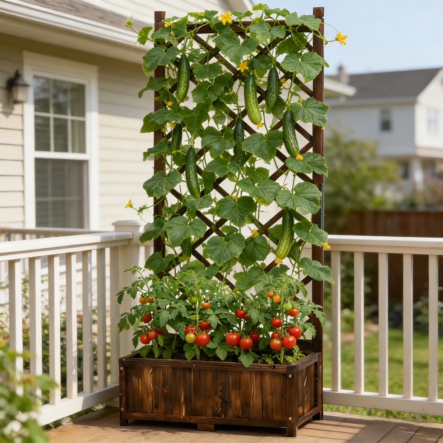 Anraja Raised Garden Bed with Trellis Wooden Flower Standing Planter Box Outdoor Wood Compact Lattice Panels Privacy Screen for Climbing Plant Planting Patio Tomato Vegetable Herb Balcony Porch 67" H