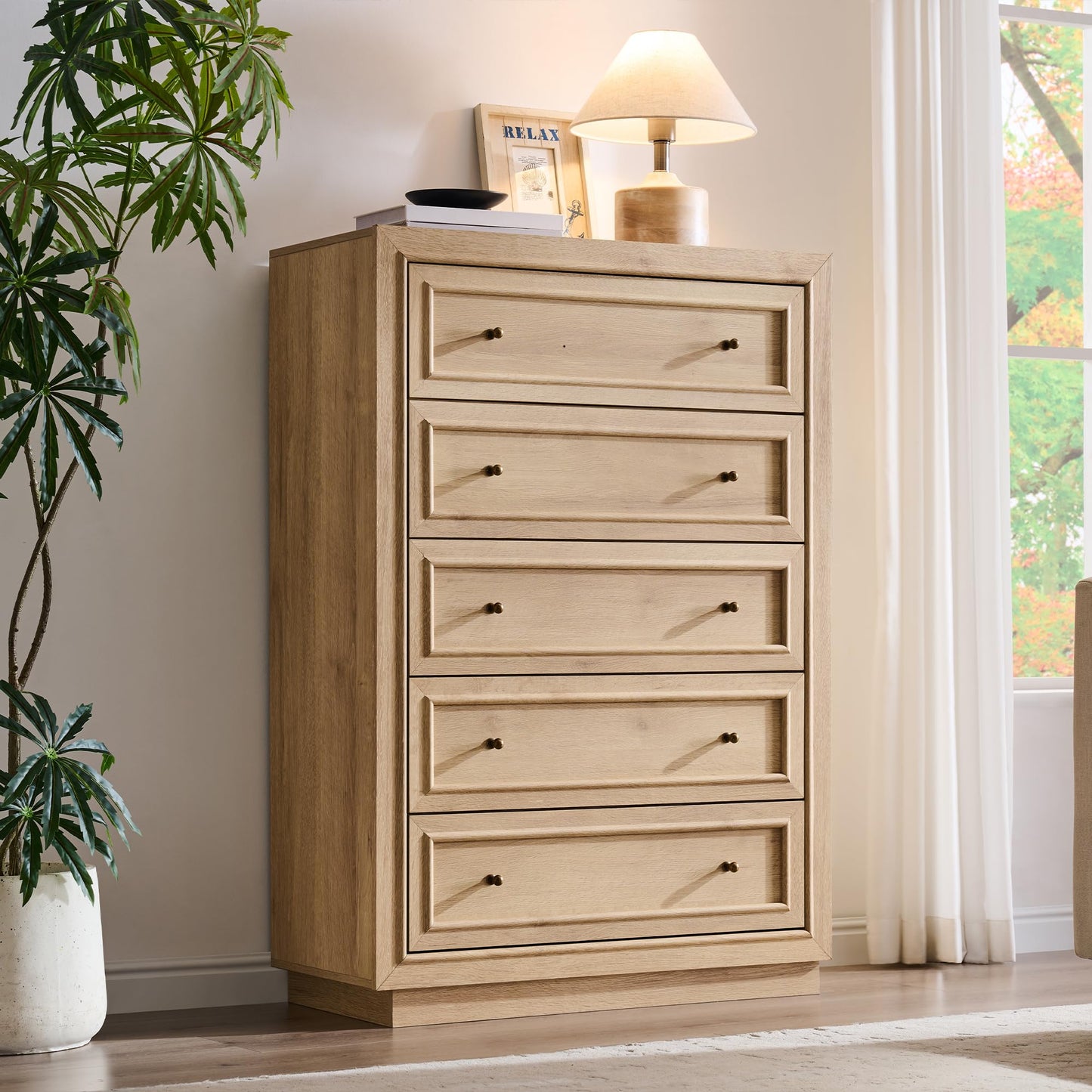 ACCOHOHO 5 Drawer Dresser with Two Included Base Styles, 46" Tall Chest of Drawers, Transitional Modern Closet Dresser with Antique Brass Knobs, Wooden Dresser for Bedroom, Living Room, Natural Oak
