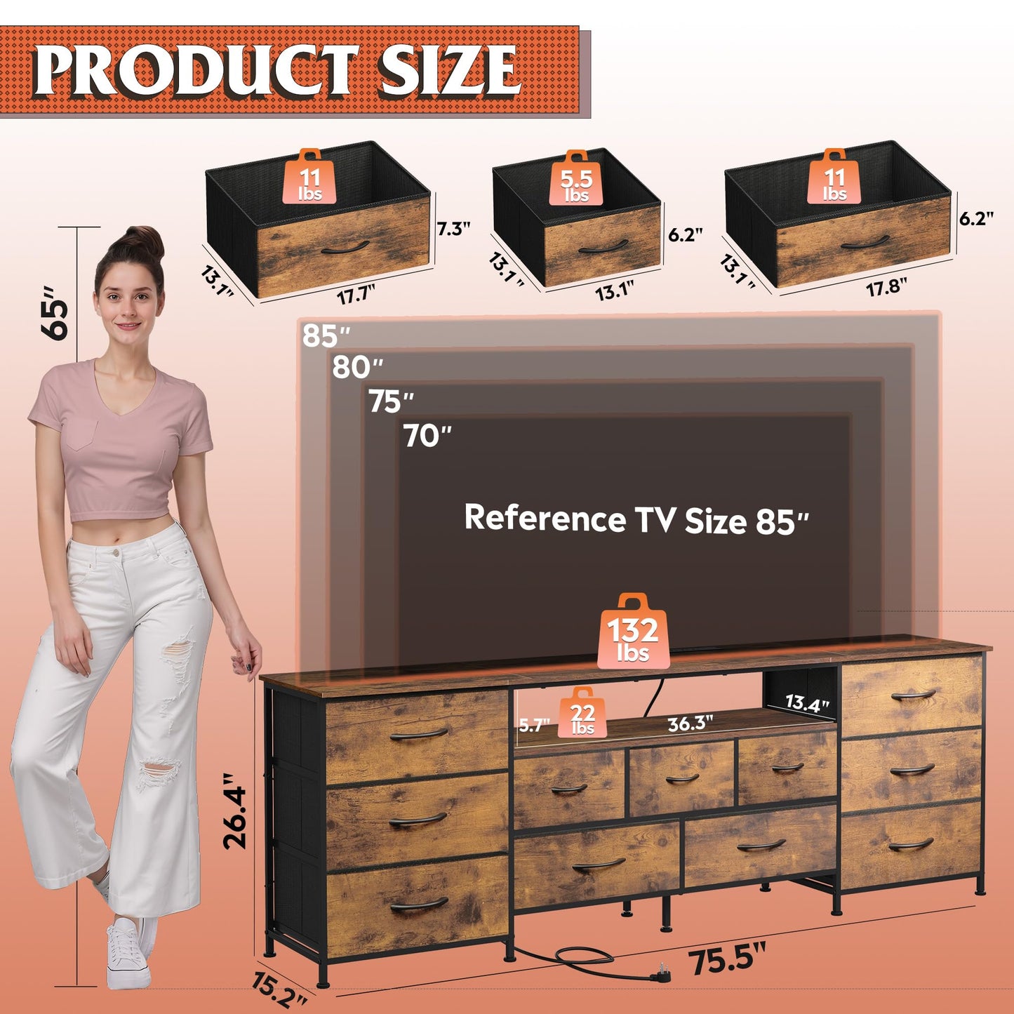 WLIVE 75.5" TV Stand for 65, 75, 80, 85 Inch TV, Dresser for Bedroom with Power Outlets & LED Lights, 11 Drawer Fabric Dresser with Open Shelves, Entertainment Center with Storage, Rustic Brown
