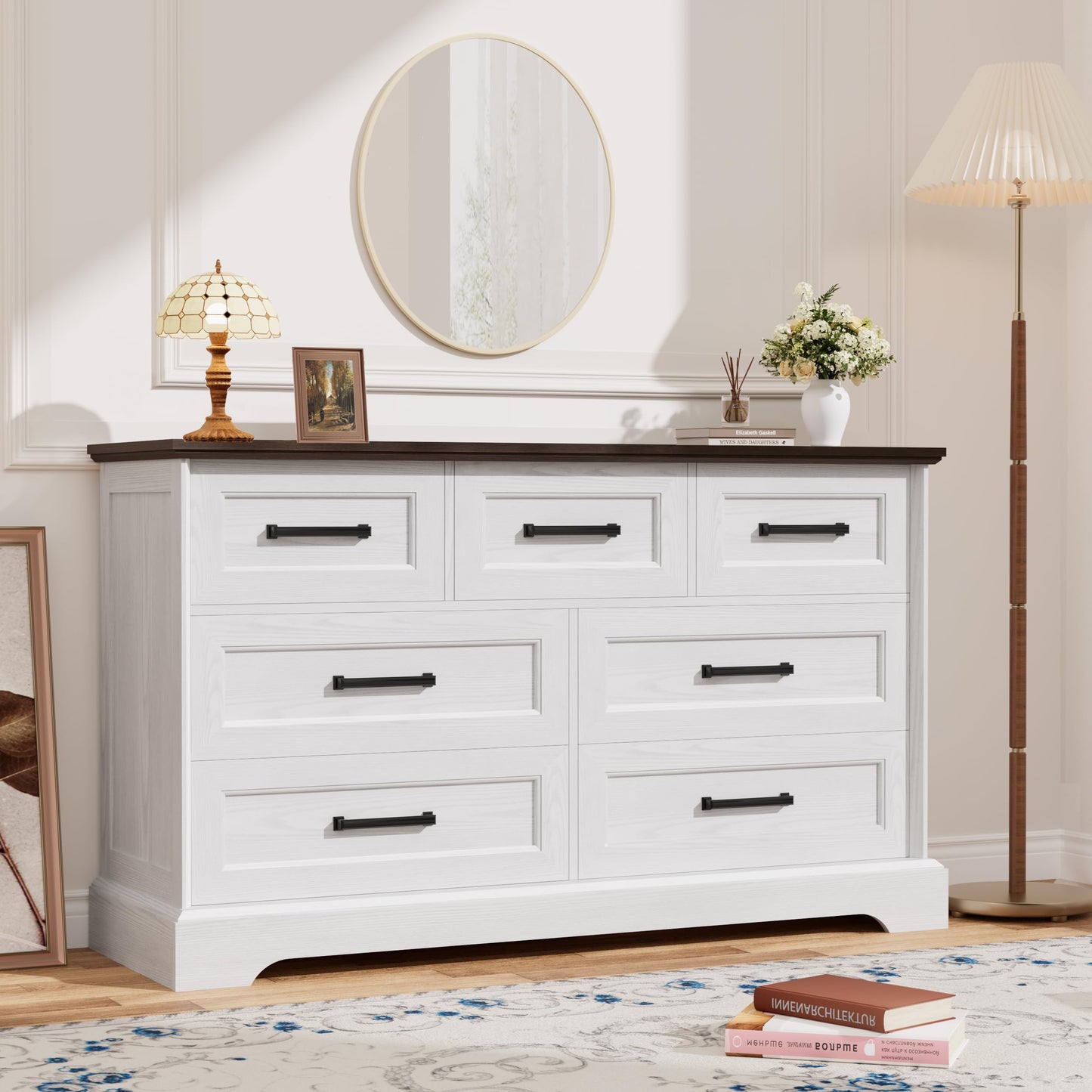 YESHOMY Dresser for Bedroom, Farmhouse 7 Drawers Dresser, Chest of Drawer Chest, Multi-Tier Clothing Storage Cabinet, White and Brown