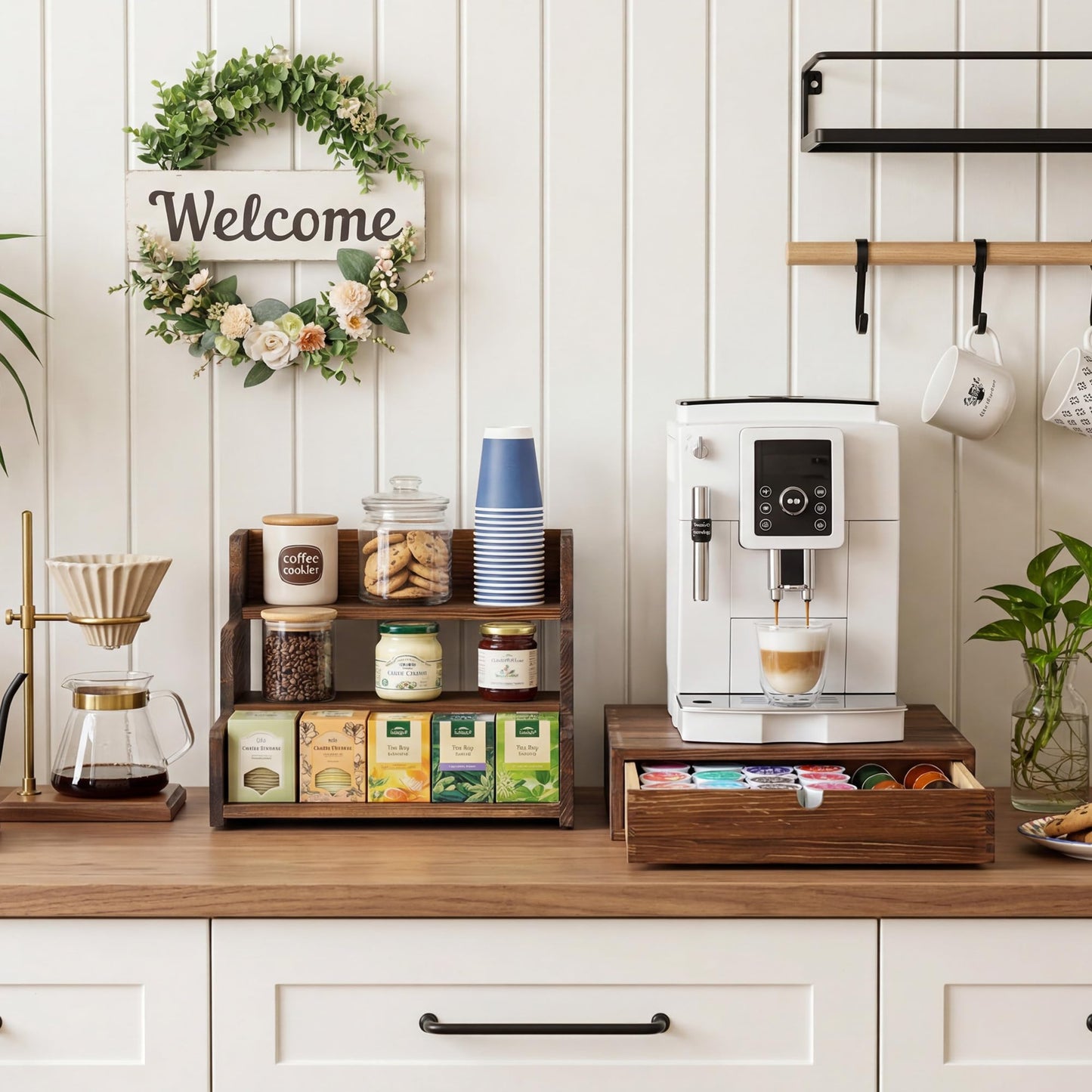 Wooden Coffee Station Organizer with K Cup Holder, 3-Tier Syrup Rack with Coffee Pod Holder Drawer,30 Pod Capacity, Coffee Bar Organizer for the Office and Home Kitchen,Rustic Brown