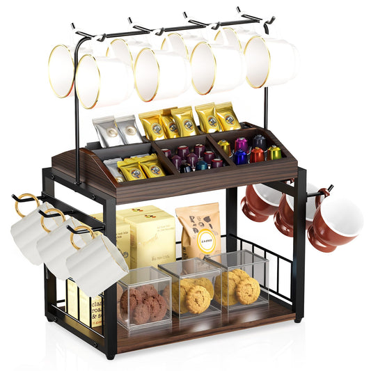 IUMLXJO 2 Tier Coffee Bar Accessories Organizer, Wooden Coffee Mug Rack Holder with 6 Cup Coffee Pod Box,14 Hooks, Metal Kitchen Shelf Organizer for Accessories Station Countertop
