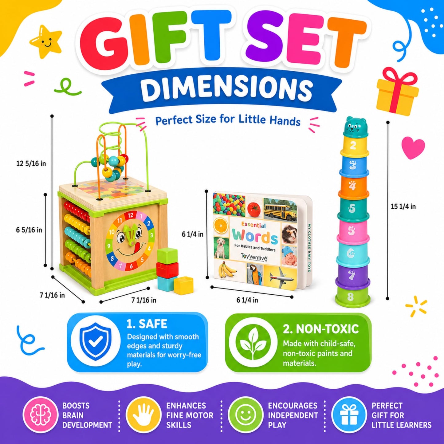 Wooden Activity Cube for 1 Year Old - 1 Year Old Boy Gifts - 1 Year Old Boy Toys - Educational Toys for 1 Year Old - Busy Cube with Bead Maze Toy - Baby Stacking Cups & Board Book - Blue Gift Box