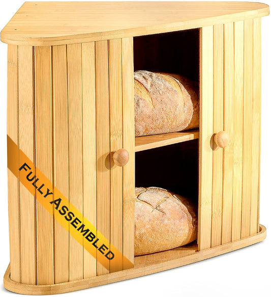 Klee Wooden Bread Box | Bamboo Bread Holder | Corner Bread Keeper Storage Box, Fully Assembled Large