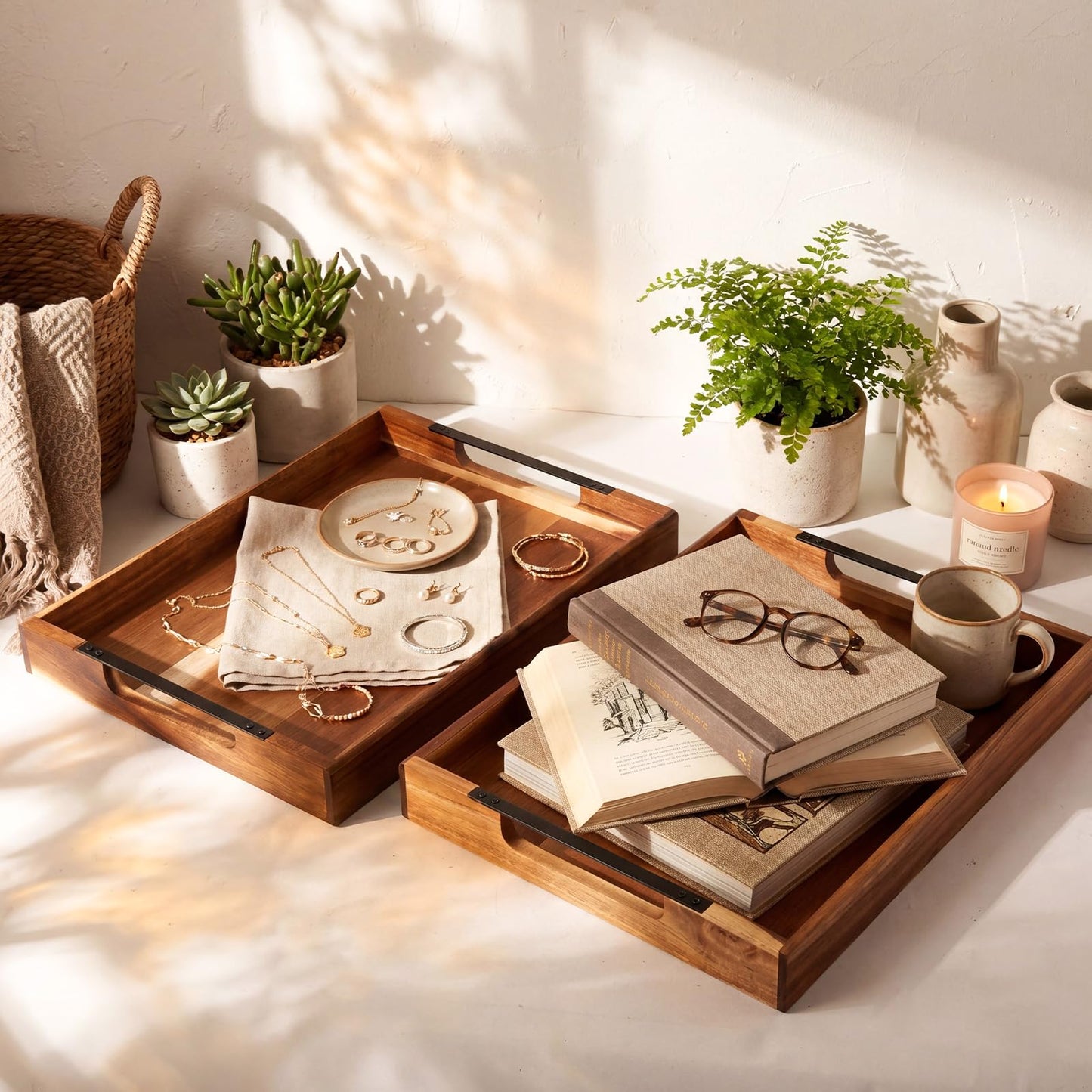 Sliner 2 Pcs Acacia Wood Serving Tray with Metal Handles, 17x13 Inch Large Ottoman Trays for Coffee Table, Breakfast in Bed, Dinner, Bar Serving, Farmhouse Decorative Storage Tray for Ottoman, Kitchen