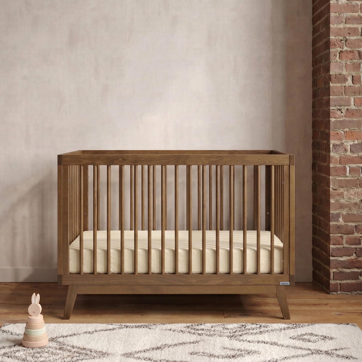 dadada Baby Soho 3-in-1 Convertible Wooden Crib to Toddler Bed - Made in Italy, GREENGUARD Gold Certified, Baby-Safe Finish, Handcrafted Beechwood, Modern Design, 3 Adjustable Heights (Walnut)