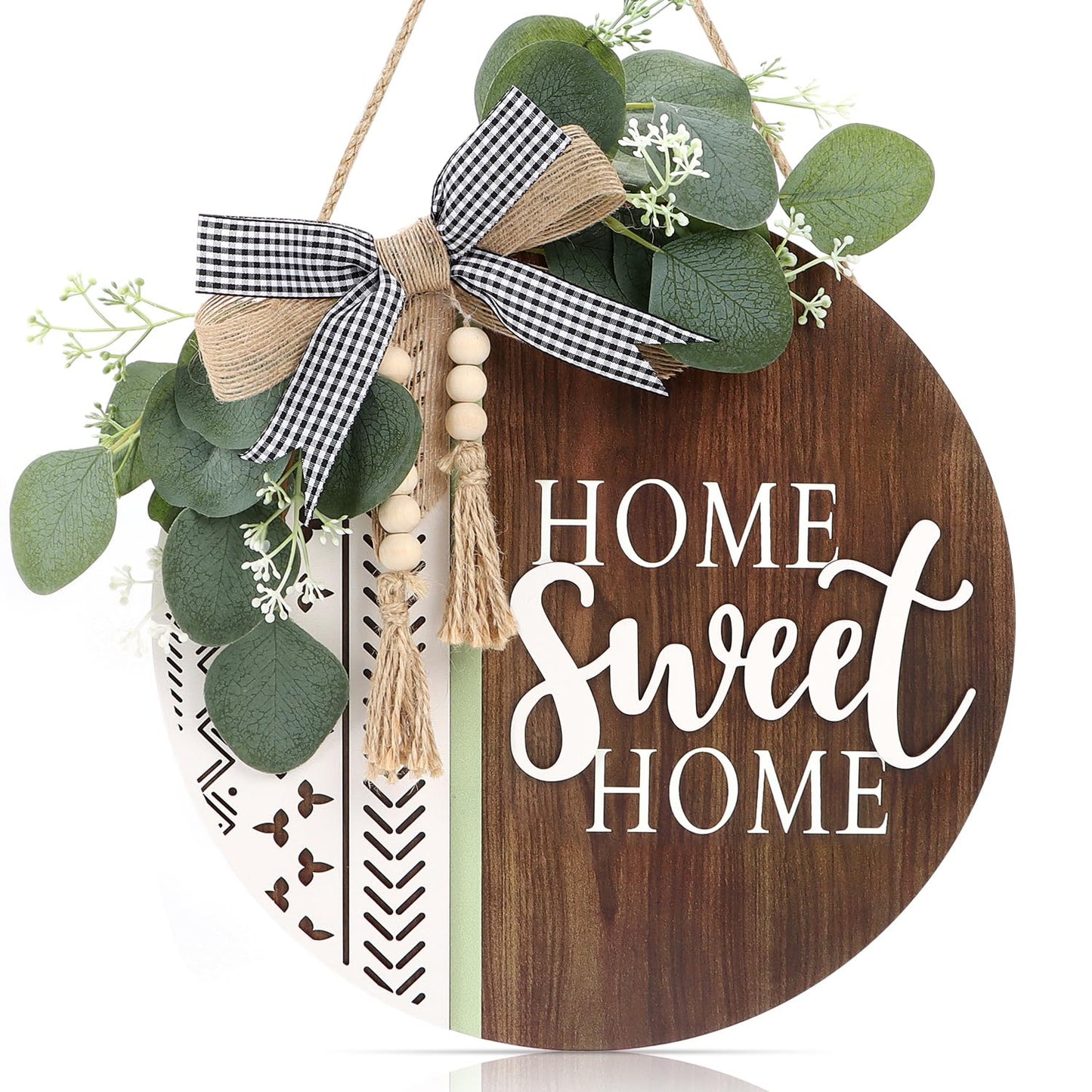 TOARTi 3D Welcome Front Door Wreath Porch Decor, Wooden Home Sweet Home Boho Outdoor Sign Hanging, Farmhouse Aztec Wall Sign Hanger with Artificial Leaves&Rustic Beads
