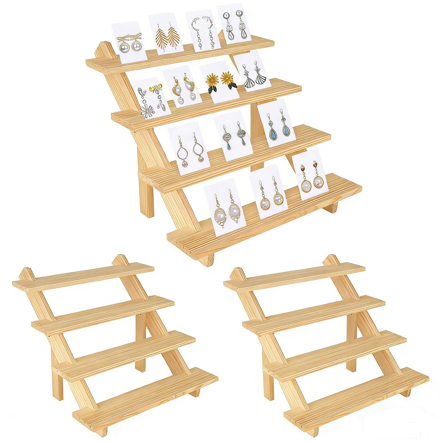Oungy 2 Pack 4 Tier Wooden Display Stand Riser Detachable Wood Earring Display Cupcake Stands Jewelry Display for Vendors with Groove or Jewelry Cupcake Vendors Retail