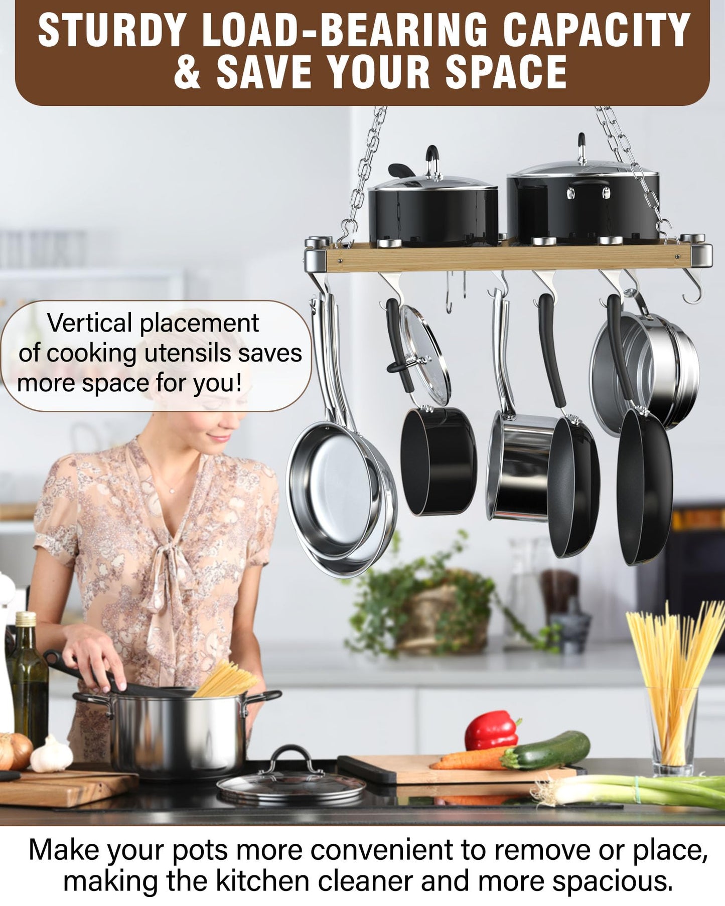 Cooks Standard Classic Ceiling Wood Pot Rack, 24x18 Inch Heavy Duty Hanging Cookware Organizer with Metal Grate & Solid Cast Aluminum Hooks, Movable Tracks Design
