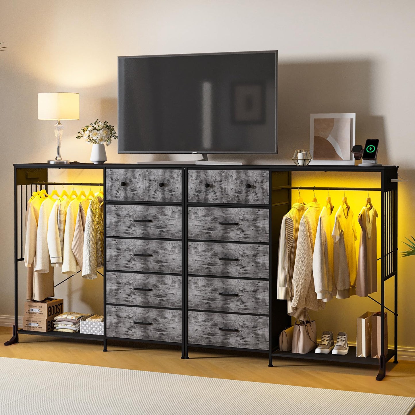 IDEALHOUSE 6 Drawers Dresser for Bedroom with Hanging Rack, LED Lights & Charging Station, Fabric Dressers & Chest of Drawers with Rack, Wooden Top, Grid Panel