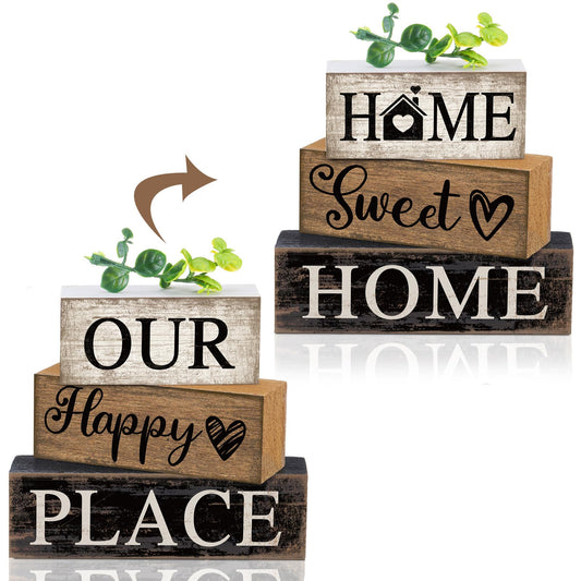 Briwooody 4 Pcs Farmhouse Wooden Table Decor Reversible Sweet Home Tiered Tray Decor Rustic Eucalyptus Leaves Wood Block Sign Gifts for Home Table Kitchen Shelf Fireplace Mantel Decoration