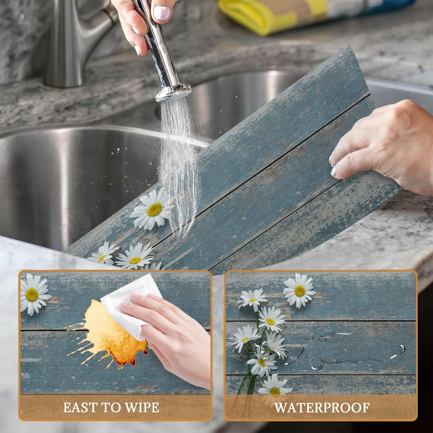 Placemats Set of 6,Daisy Flowers on Wooden Linen Place Mats,Modern Washable Table Placemats 12"x18" Heat Resistant Table Mats for Dining Kitchen Party Holiday Decoration