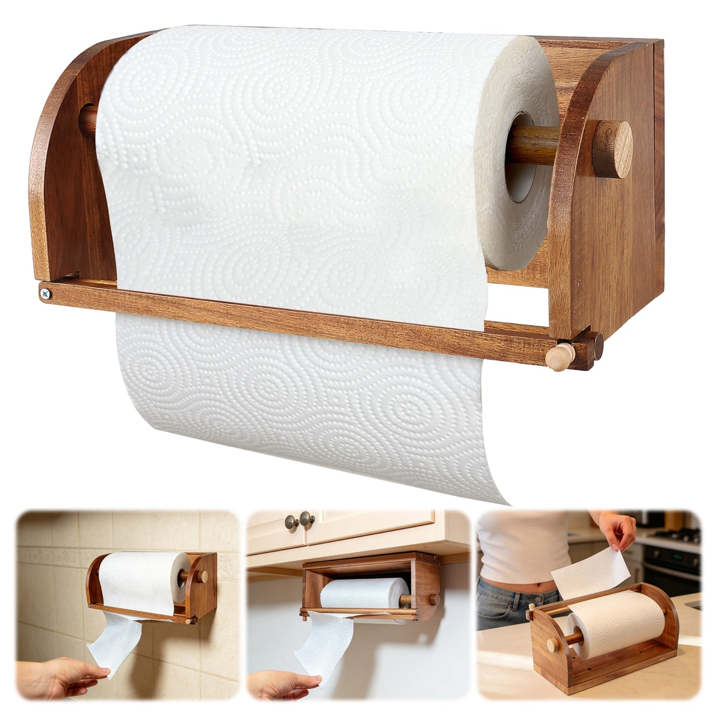 Extra Large Wooden Hanging Paper Towel Holder Wall Mount, Handmade Acacia Wood Farmhouse Paper Towel Holder, One Hand Tear Design, Wall Mount Countertop Under Cabinet Paper Towel Rack for Kitchen