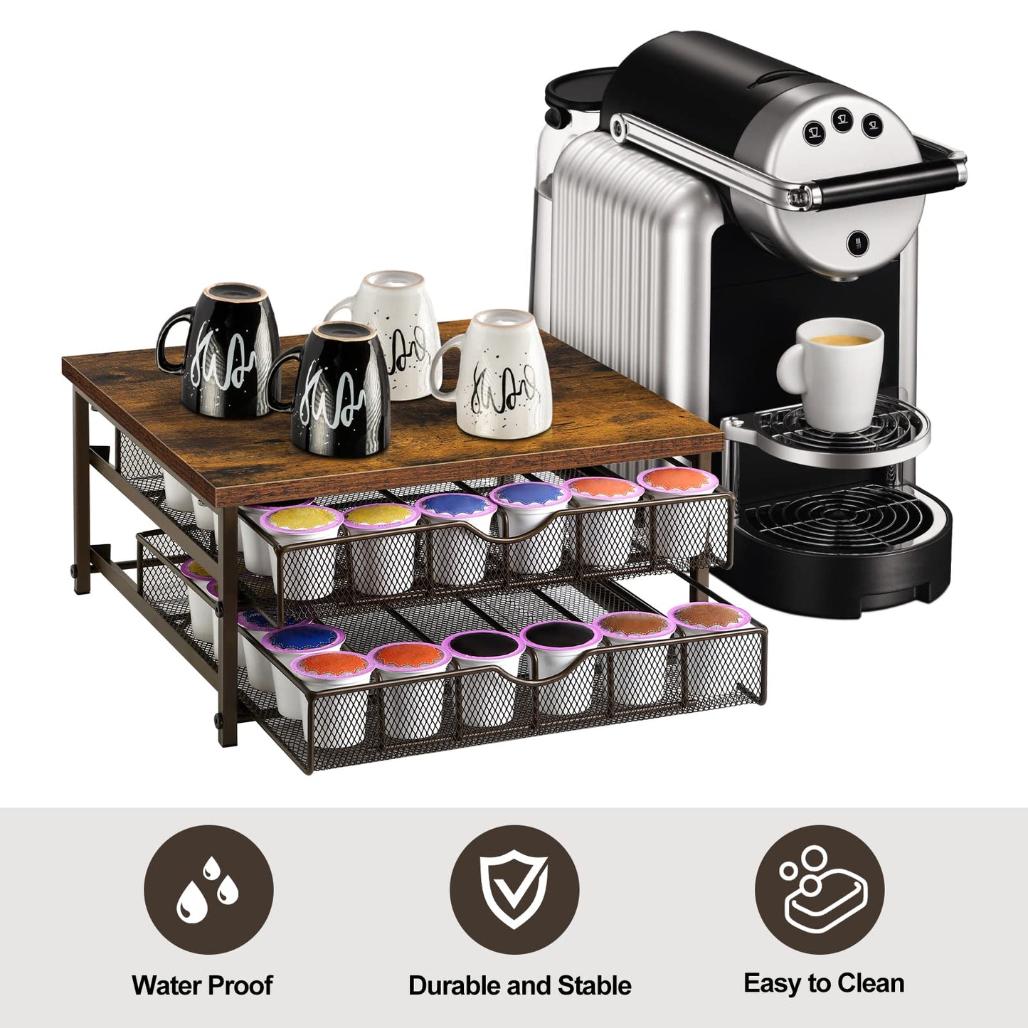 Coffee Pod Drawer Holder Coffee Pod Storage Organizer for Counter 2 Tier Coffee Pod Holder 72 Capacity Capsule Storage Rack with Sliding Baskets for Home Office (Brown)