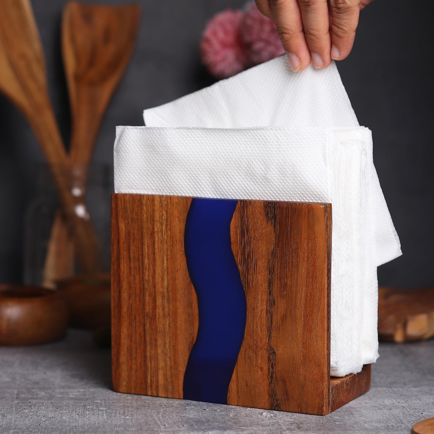 LAVAUK Acacia wood & Transparent Epoxy resin Napkin holder for table, Rustic farmhouse napkin organisation for kitchen, dining, counter tops, restaurant or outdoors | 6x5x2.5 inches| Blue