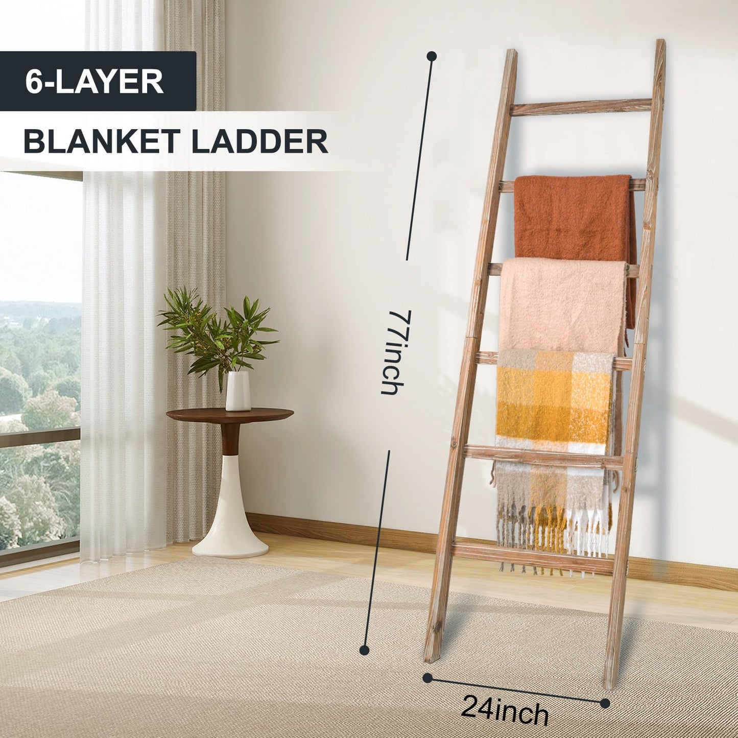 storenization Blanket Ladder 6.4FT, Wooden Blanket Ladders for the Living Room, 6-Layer Farmhouse Rustic Quilt Rack for Living Room Bathroom (24 inch Wide)
