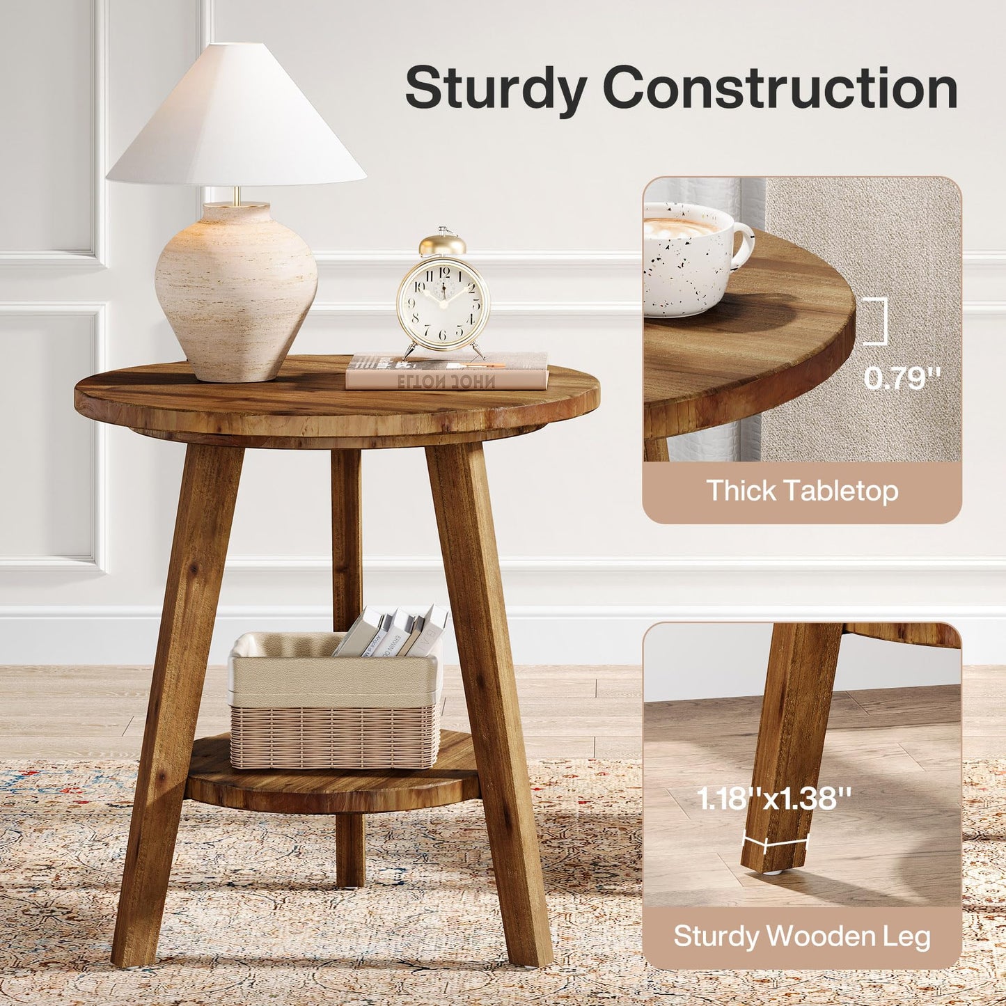 TRIBEWOOD Solid Wood Round End Table, Sofa Side Table with Storage Shelf, Farmhouse Nightstand for Living Room, Bedroom, Easy Assembly (1)