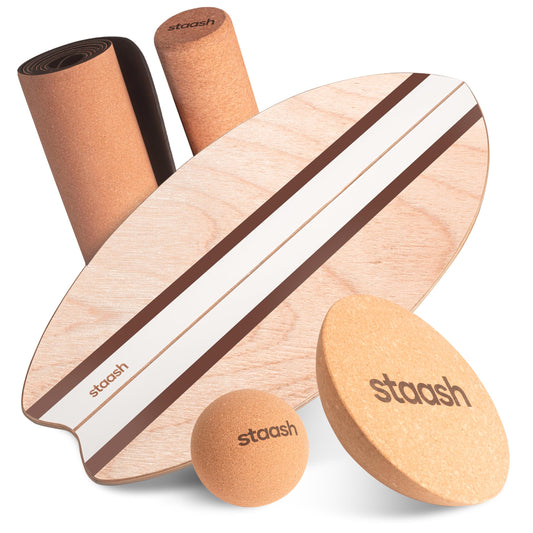 STAASH® Birch Wood Balance Board Full Kit – Wobble Trainer with Cork Roller, Mat, Ball & Disc – Eco-Friendly Core Trainer for Surf, Yoga, Fitness, Rehab – Video Library Included (Cacao)