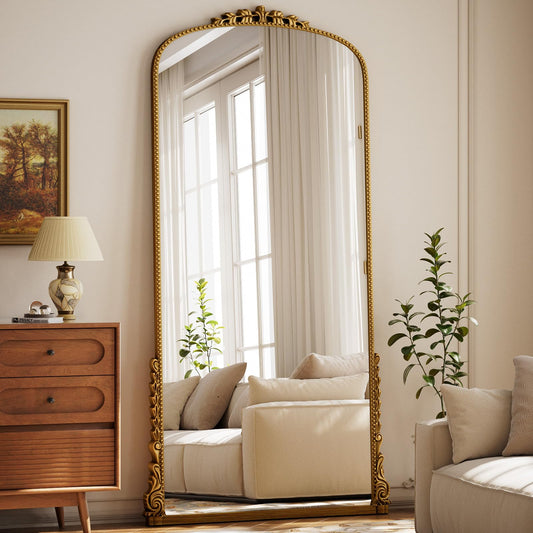 Easly Arched Full Length Mirror, 41'' x 81'' Gold Floor Body Mirror with Stand, Vintaged Elegant Carved Frame Mirror Full Length for Wall Decor, Living Room, Bedroom, Cloakroom, Entryway